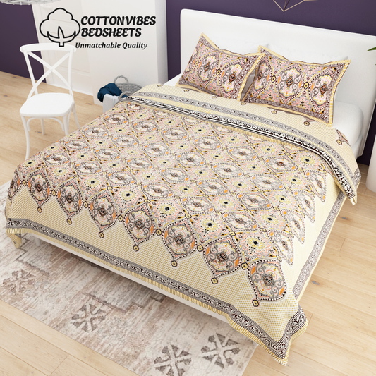 Sydney Cream Heritage Pure Cotton King Size Bedsheet (90x108) with 2 Pillow Covers