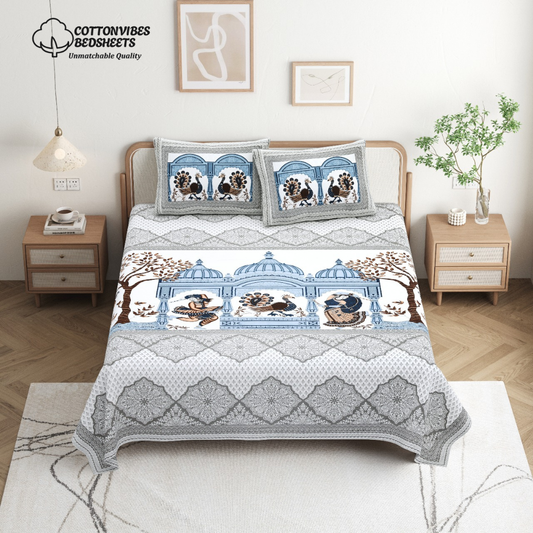 Chitrakala Palki Darbar – Blue Grey King Size Bedsheet with Pillow Covers