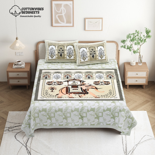 Chitrakala Hathi Maharaja – Pista Green King Size Bedsheet with Pillow Covers