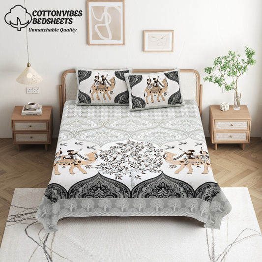 Chitrakala Camel Vistaar – Grey King Size Bedsheet with Pillow Covers