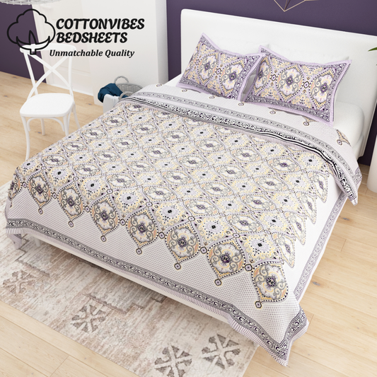 Sydney Purple Elegance Pure Cotton King Size Bedsheet (90x108) with 2 Pillow Covers