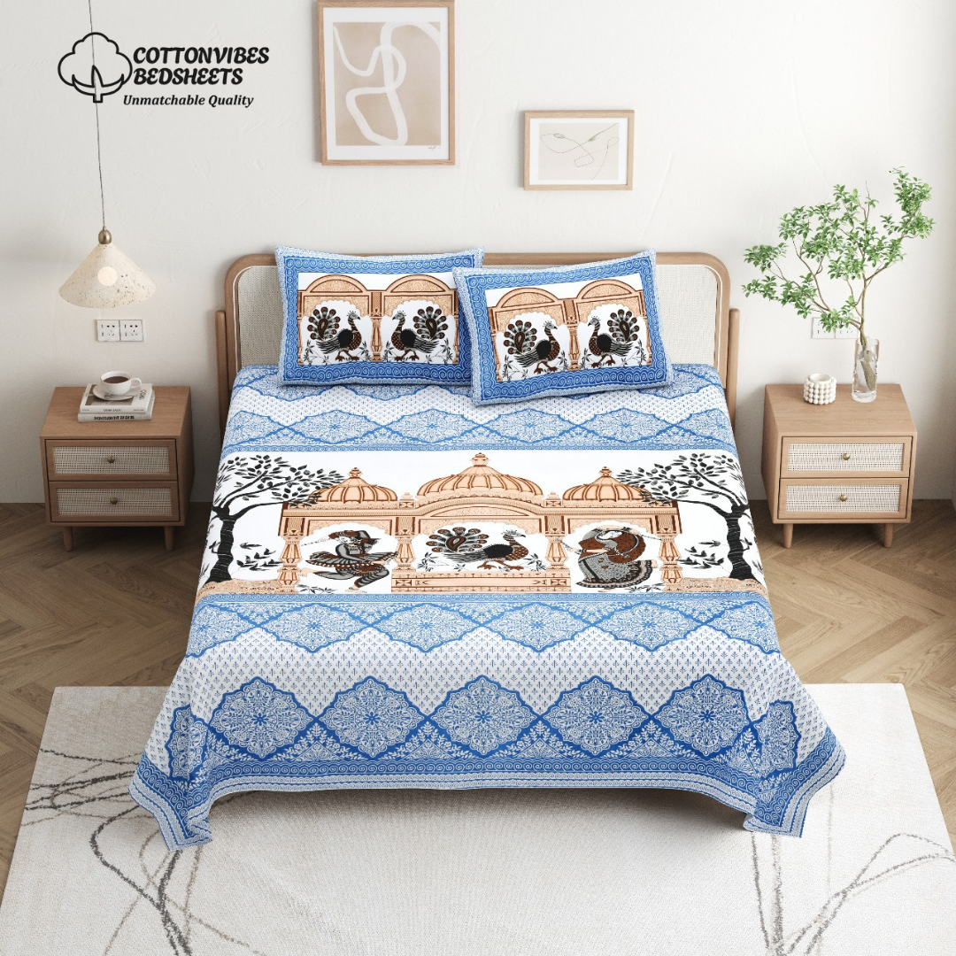 Chitrakala Palki Darbar – Blue King Size Bedsheet with Pillow Covers