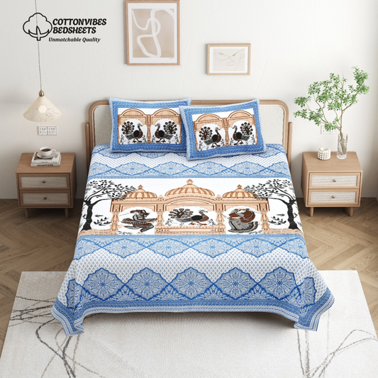 Chitrakala Palki Darbar – Blue King Size Bedsheet with Pillow Covers
