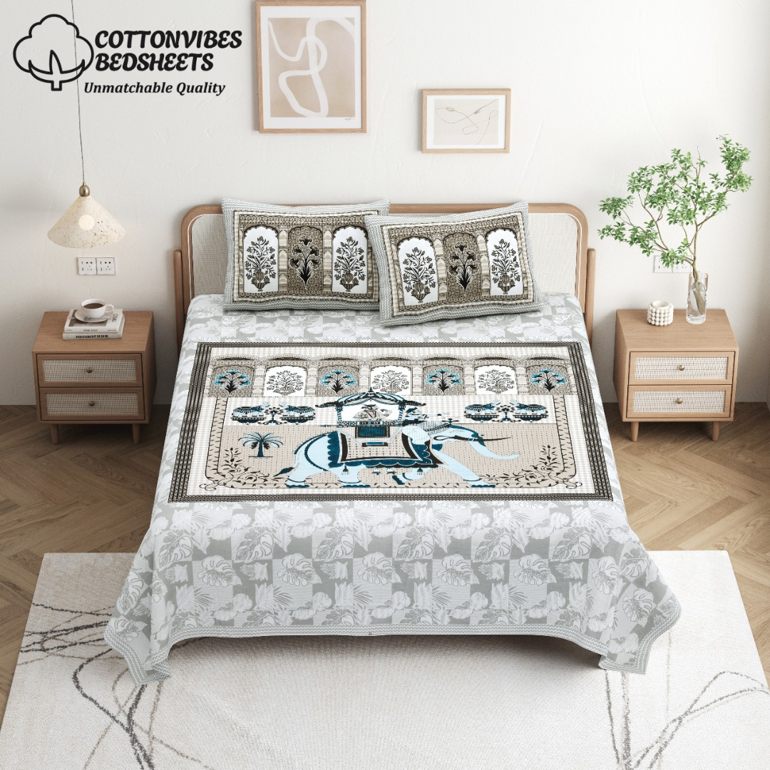 Chitrakala Hathi Maharaja – Grey King Size Bedsheet with Pillow Covers