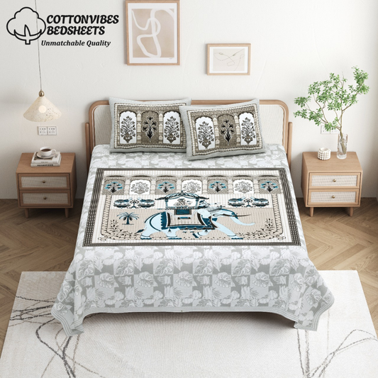 Chitrakala Hathi Maharaja – Grey King Size Bedsheet with Pillow Covers