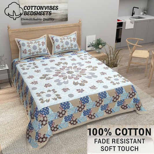 Royal Floral Bliss Pure Cotton Super King Size Bedsheet (108x108) with 2 Pillow Covers