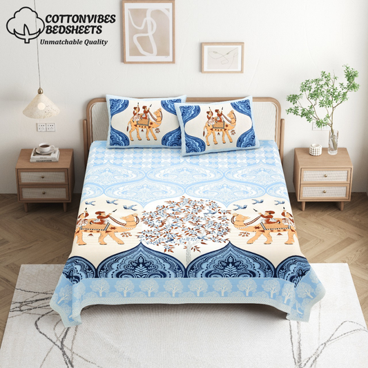 Chitrakala Camel Vistaar – Blue King Size Bedsheet with Pillow Covers