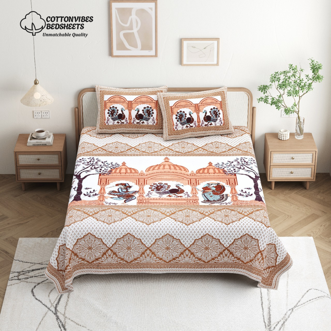 Chitrakala Palki Darbar – Golden King Size Bedsheet with Pillow Covers