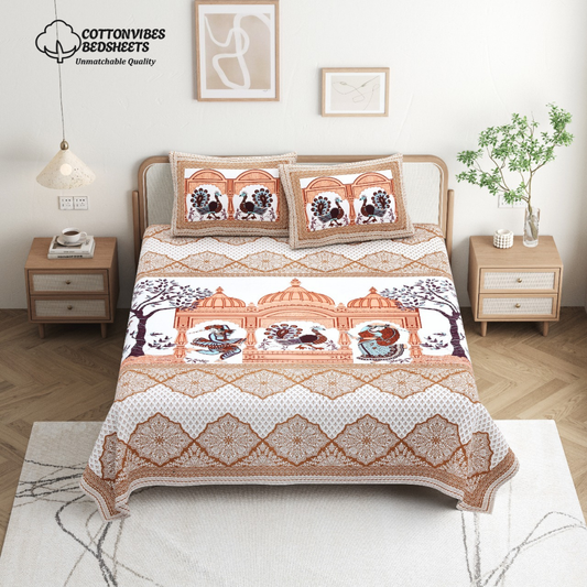 Chitrakala Palki Darbar – Golden King Size Bedsheet with Pillow Covers