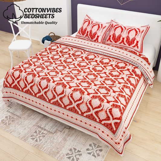 Sydney Red Paisley Charm Pure Cotton King Size Bedsheet (90x108) with 2 Pillow Covers