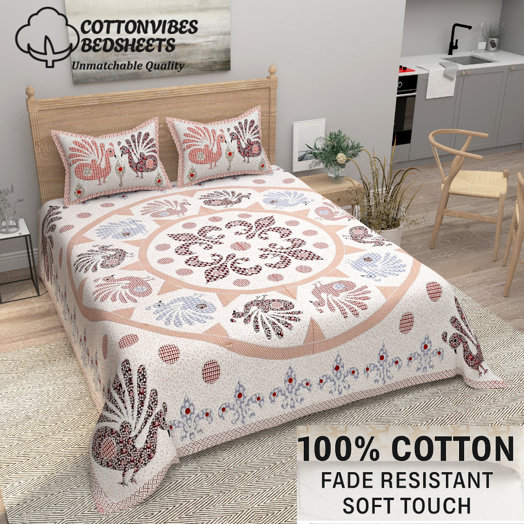 Royal Peacock Print Pure Cotton Super King Size Bedsheet 108x108 for Double Bed with 2 Pillow Covers