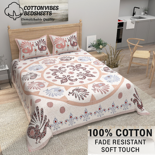 Royal Peacock Print Pure Cotton Super King Size Bedsheet 108x108 for Double Bed with 2 Pillow Covers