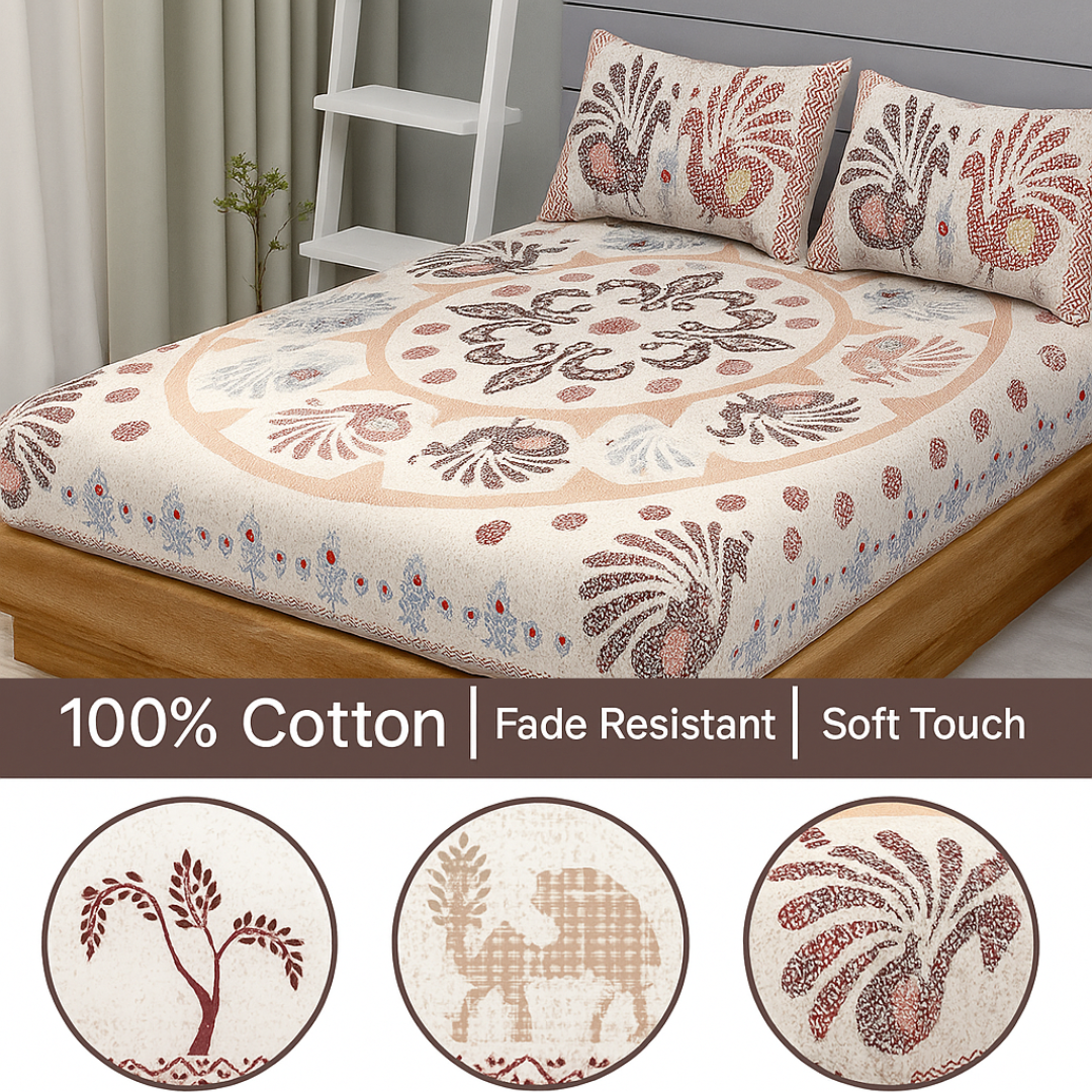 Royal Peacock Print Pure Cotton Super King Size Bedsheet 108x108 for Double Bed with 2 Pillow Covers