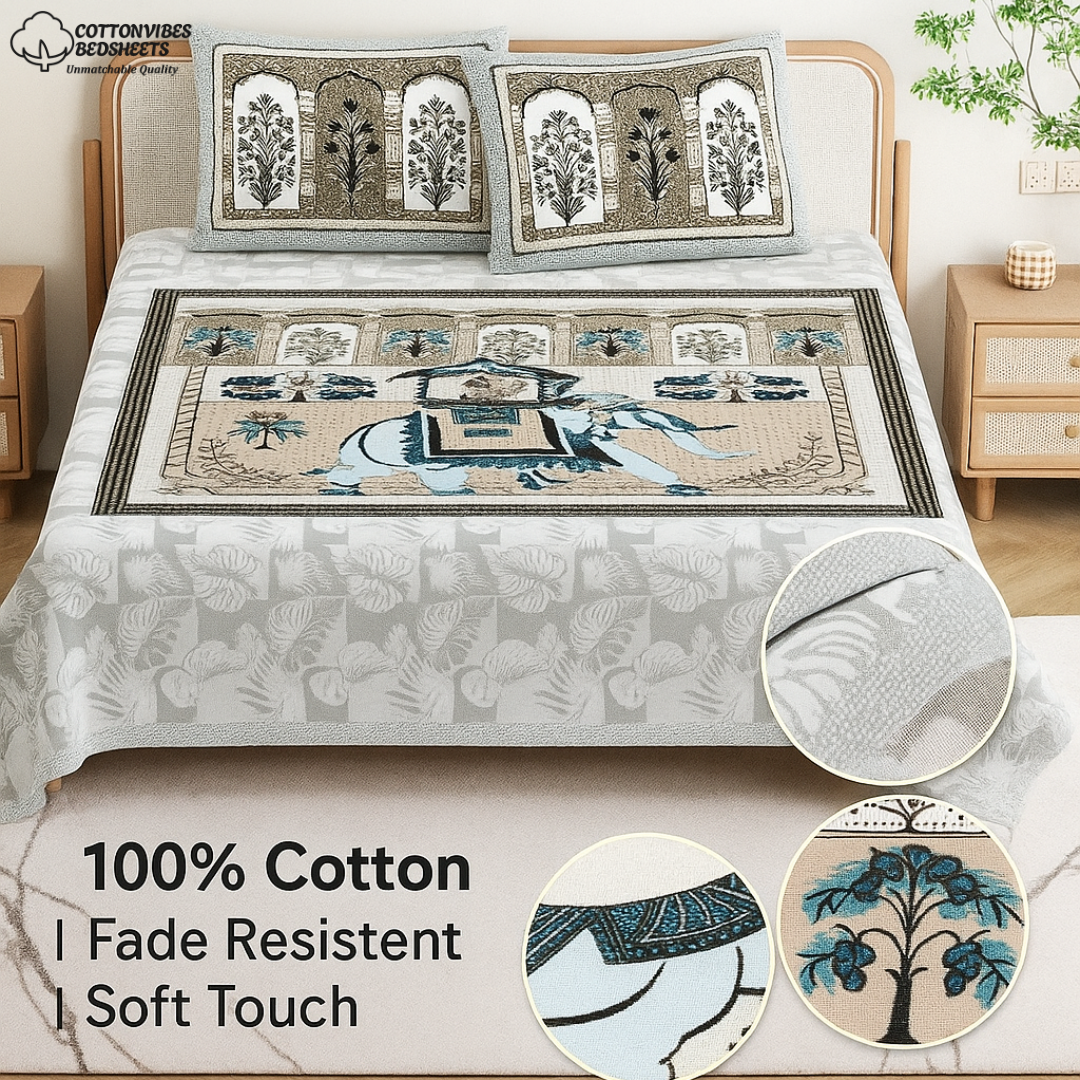 Chitrakala Hathi Maharaja – Grey King Size Bedsheet with Pillow Covers