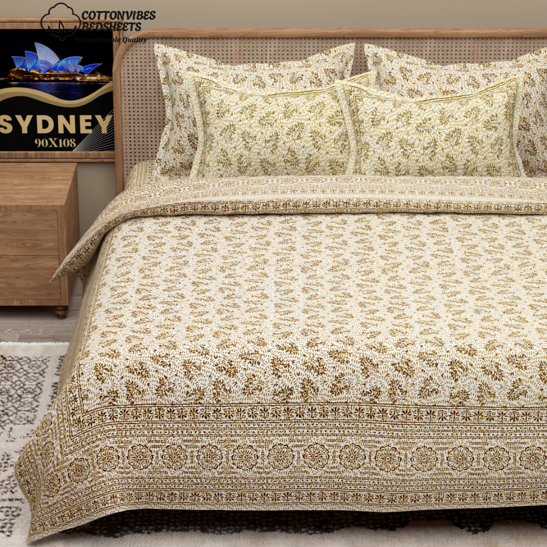 Sydney Golden Bloom Pure Cotton King Size Bedsheet (90x108) with 2 Pillow Covers