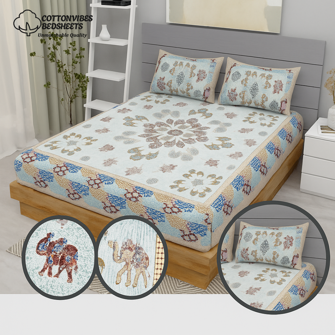 Royal Floral Bliss Pure Cotton Super King Size Bedsheet (108x108) with 2 Pillow Covers