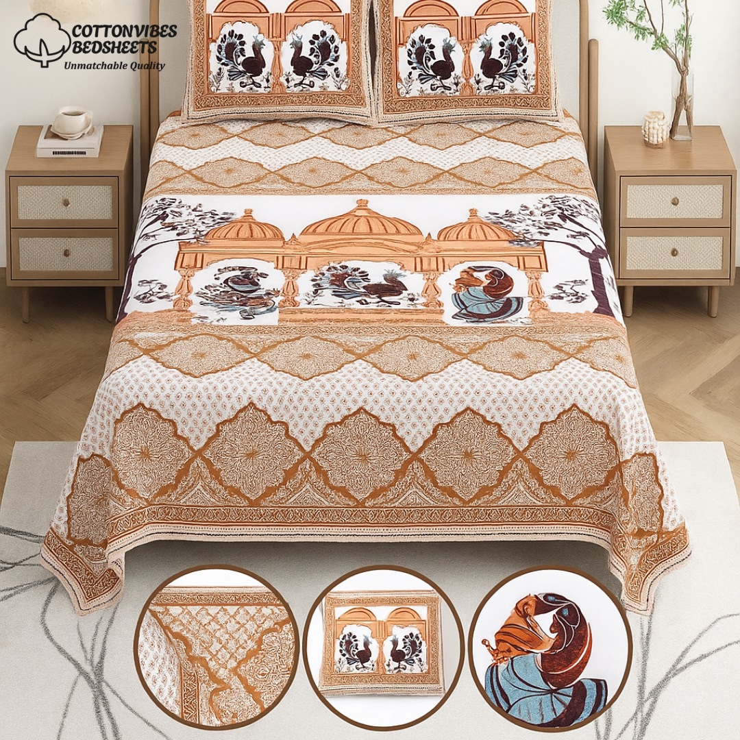 Chitrakala Palki Darbar – Golden King Size Bedsheet with Pillow Covers
