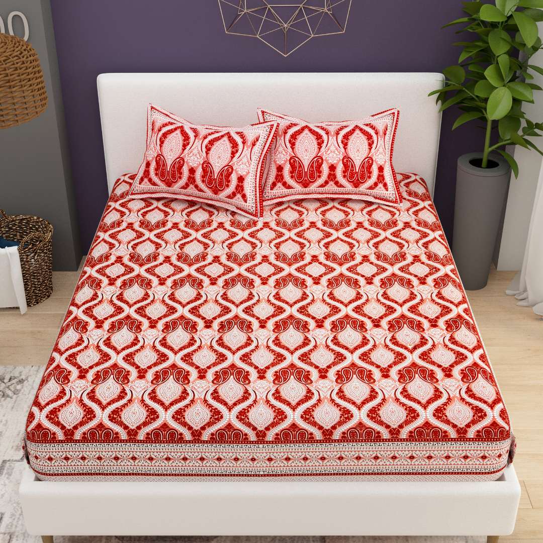 Sydney Red Paisley Charm Pure Cotton King Size Bedsheet (90x108) with 2 Pillow Covers