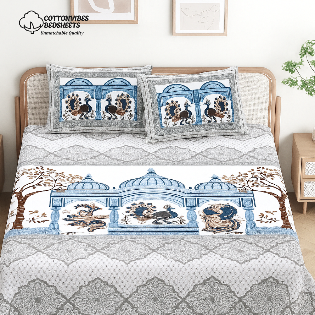 Chitrakala Palki Darbar – Blue Grey King Size Bedsheet with Pillow Covers