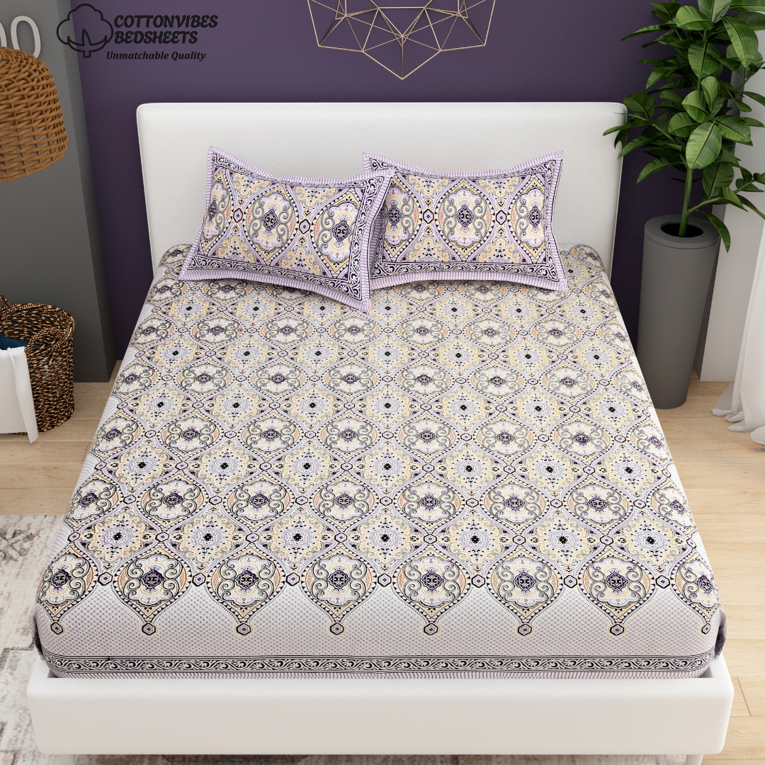 Sydney Purple Elegance Pure Cotton King Size Bedsheet (90x108) with 2 Pillow Covers