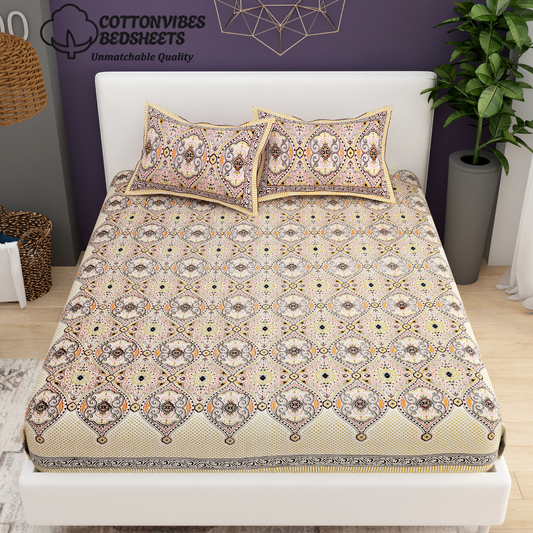 Sydney Cream Heritage Pure Cotton King Size Bedsheet (90x108) with 2 Pillow Covers