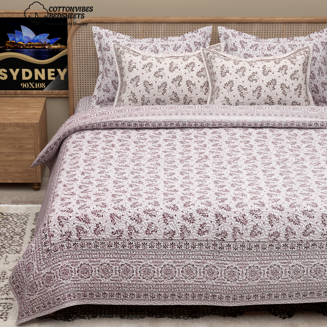 Sydney Purple Blossom Pure Cotton King Size Bedsheet (90x108) with 2 Pillow Covers