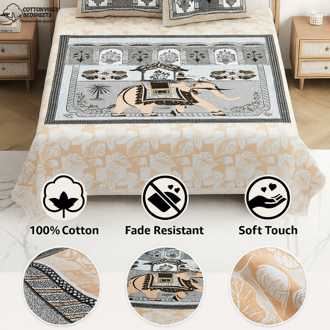 CHITRAKALA Hathi Maharaja – Golden King Size Bedsheet with Pillow Covers