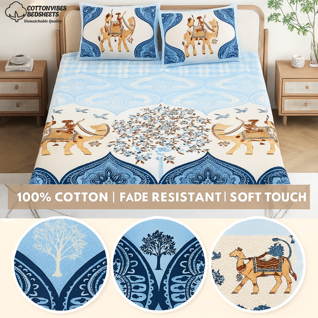 Chitrakala Camel Vistaar – Blue King Size Bedsheet with Pillow Covers
