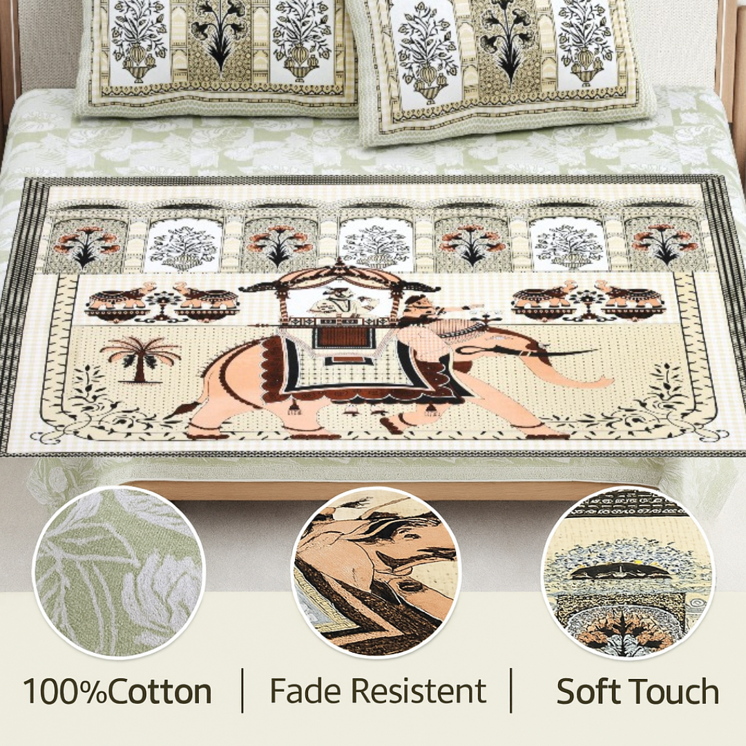 Chitrakala Hathi Maharaja – Pista Green King Size Bedsheet with Pillow Covers