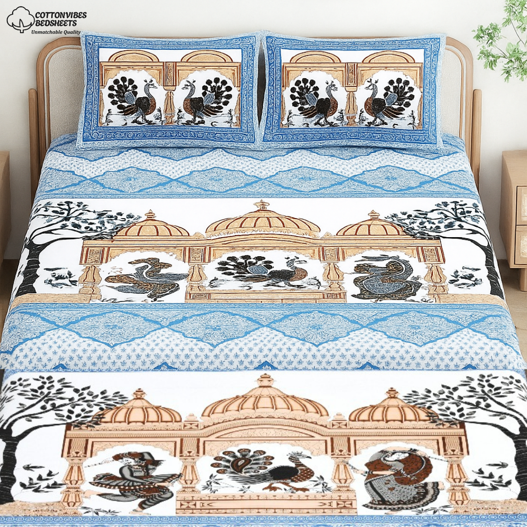 Chitrakala Palki Darbar – Blue King Size Bedsheet with Pillow Covers