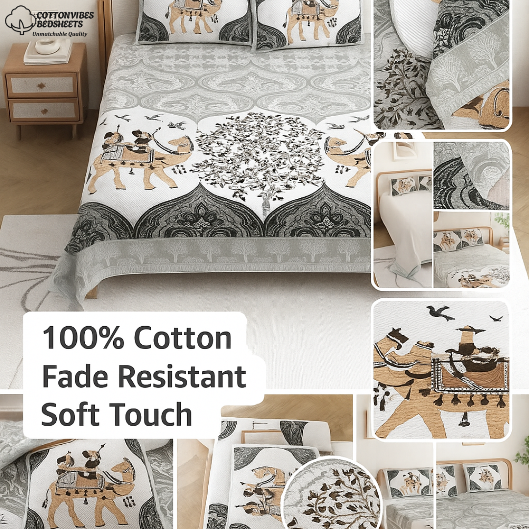 Chitrakala Camel Vistaar – Grey King Size Bedsheet with Pillow Covers