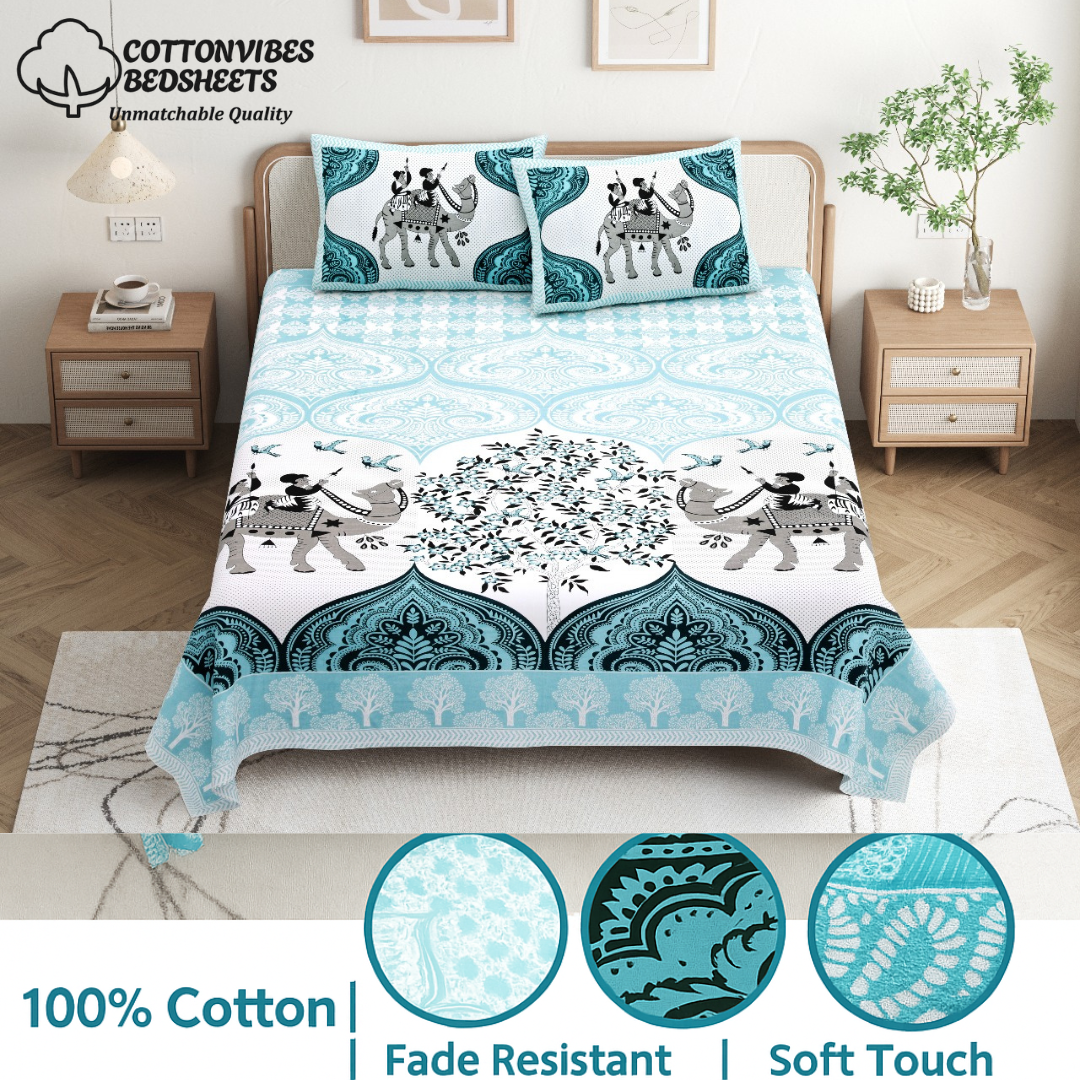 Chitrakala Camel Print King Size Bedsheet – Pure Cotton, SKY BLUE, with 2 Pillow Covers