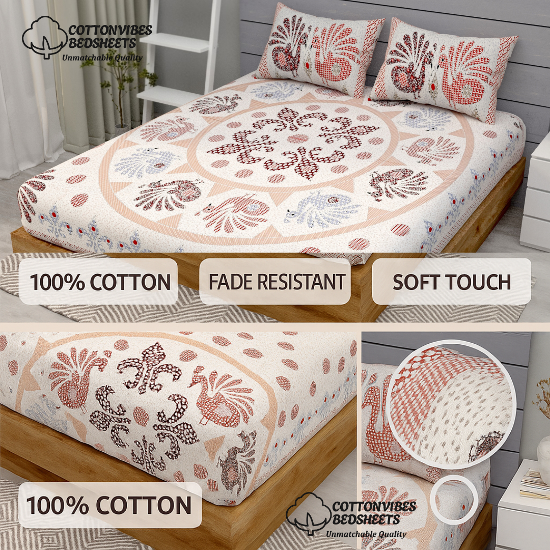Royal Peacock Print Pure Cotton Super King Size Bedsheet 108x108 for Double Bed with 2 Pillow Covers
