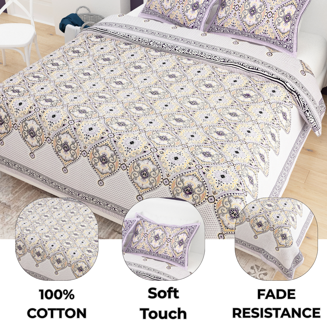 Sydney Purple Elegance Pure Cotton King Size Bedsheet (90x108) with 2 Pillow Covers