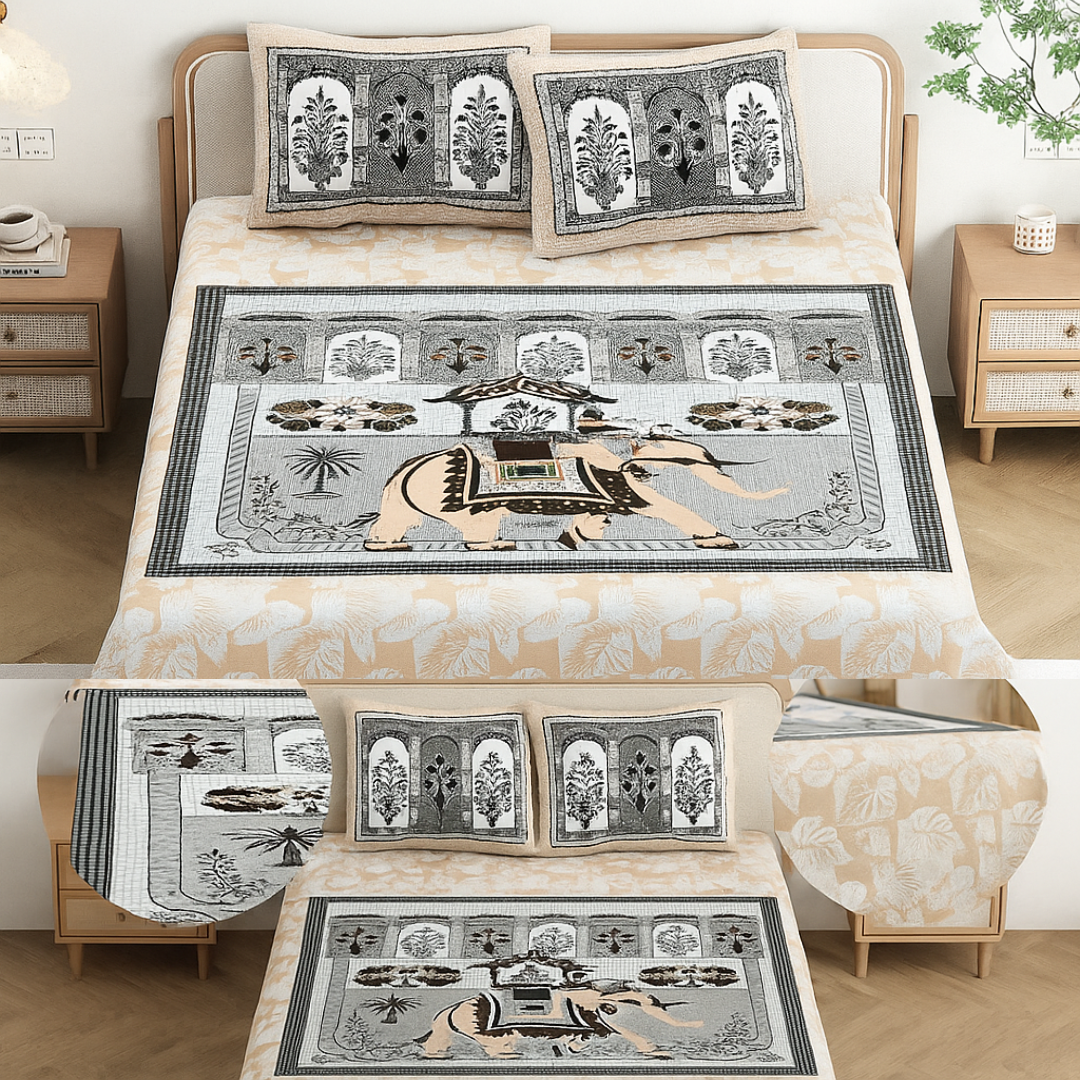 CHITRAKALA Hathi Maharaja – Golden King Size Bedsheet with Pillow Covers
