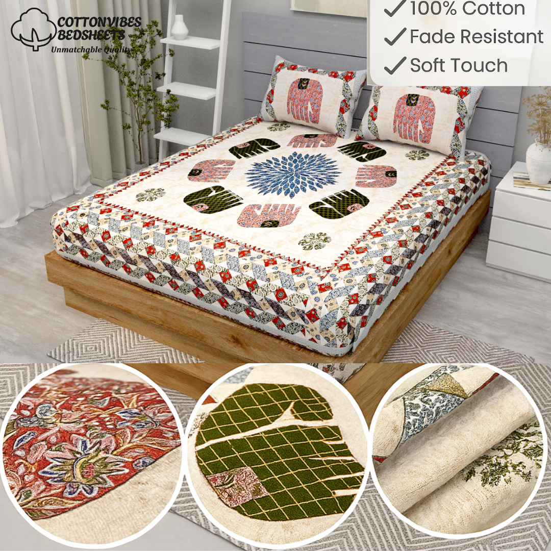 Royal Elephant Heritage Pure Cotton Super King Size Bedsheet (108x108) with 2 Pillow Covers