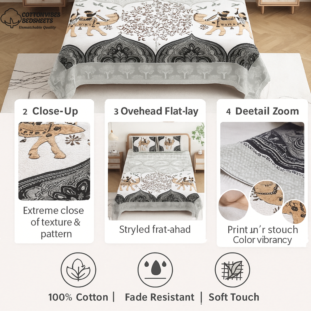 Chitrakala Camel Vistaar – Grey King Size Bedsheet with Pillow Covers