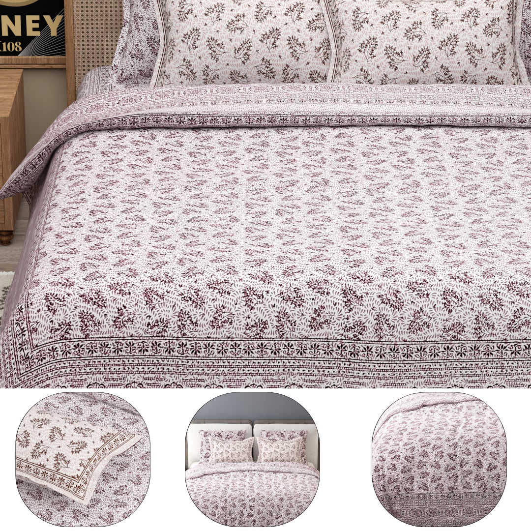 Sydney Purple Blossom Pure Cotton King Size Bedsheet (90x108) with 2 Pillow Covers