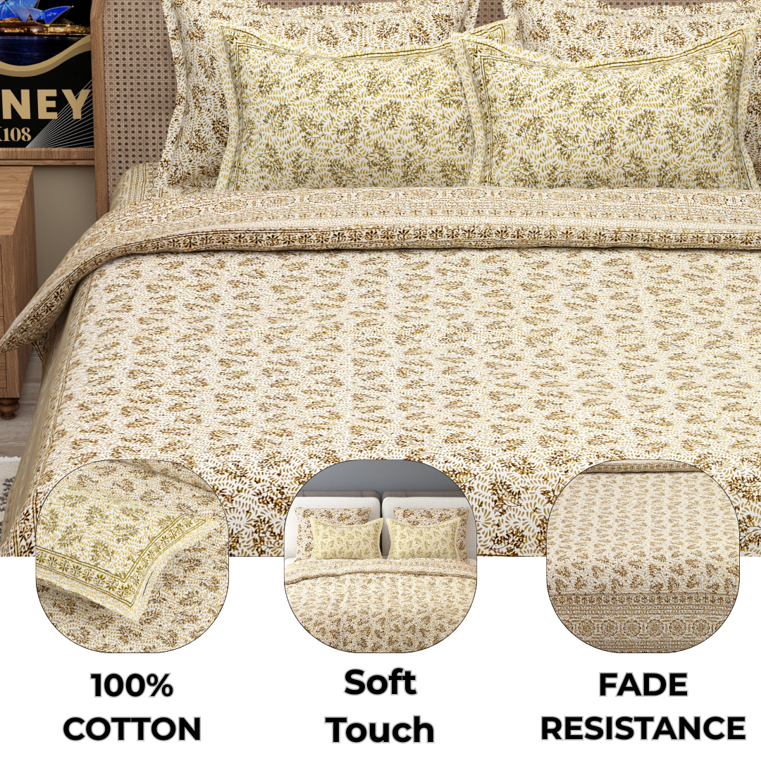 Sydney Golden Bloom Pure Cotton King Size Bedsheet (90x108) with 2 Pillow Covers