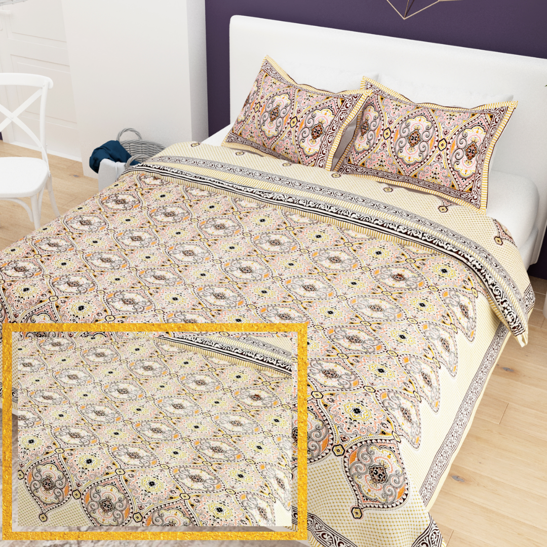 Sydney Cream Heritage Pure Cotton King Size Bedsheet (90x108) with 2 Pillow Covers