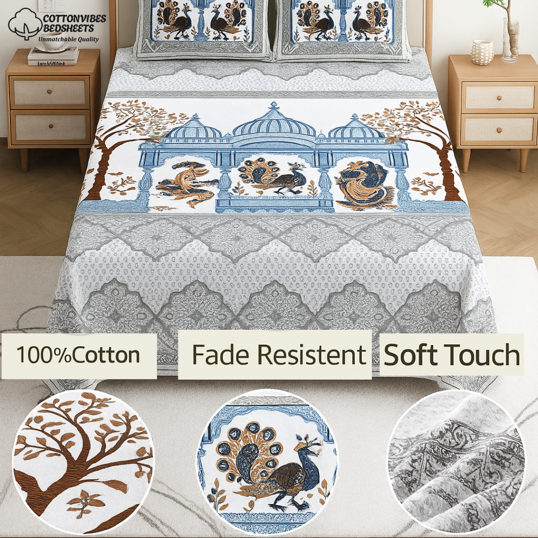 Chitrakala Palki Darbar – Blue Grey King Size Bedsheet with Pillow Covers