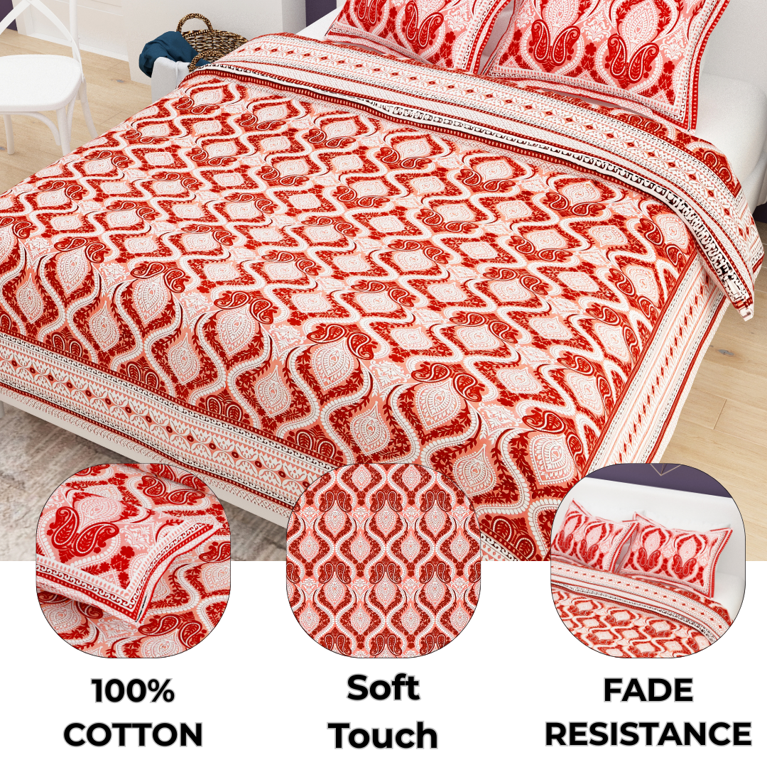 Sydney Red Paisley Charm Pure Cotton King Size Bedsheet (90x108) with 2 Pillow Covers