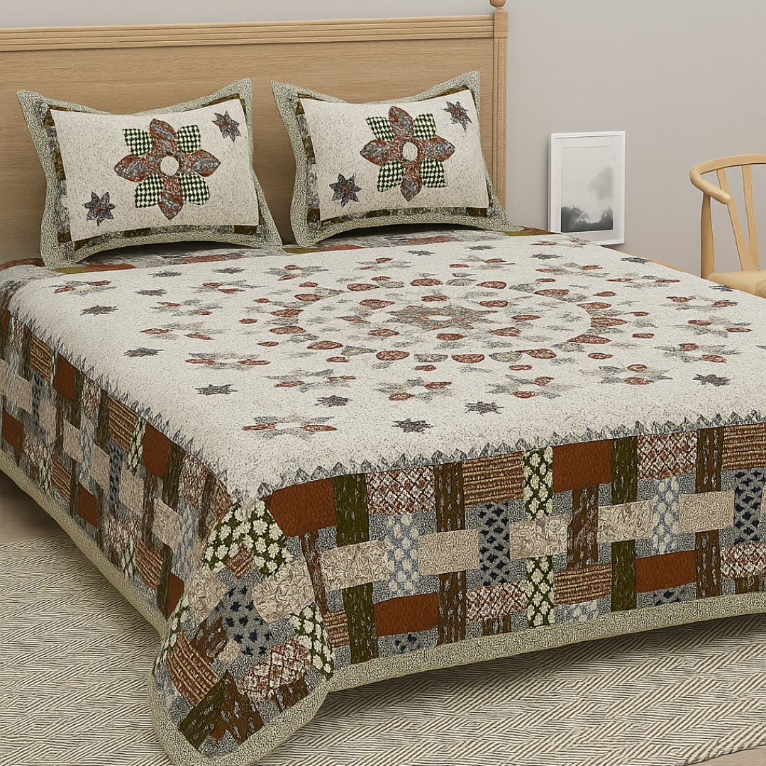 Royal Mosaic Star Pure Cotton Super King Size Bedsheet (108x108) with 2 Pillow Covers