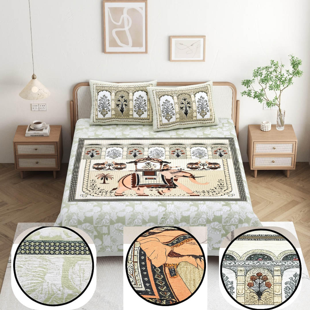 Chitrakala Hathi Maharaja – Pista Green King Size Bedsheet with Pillow Covers