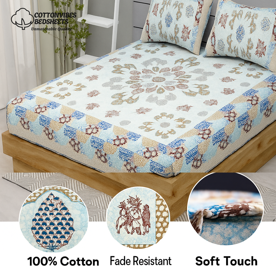 Royal Floral Bliss Pure Cotton Super King Size Bedsheet (108x108) with 2 Pillow Covers