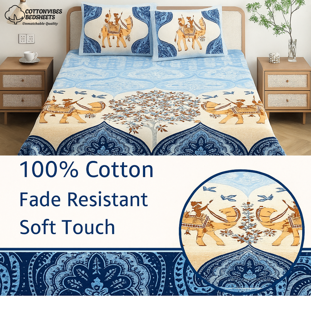 Chitrakala Camel Vistaar – Blue King Size Bedsheet with Pillow Covers
