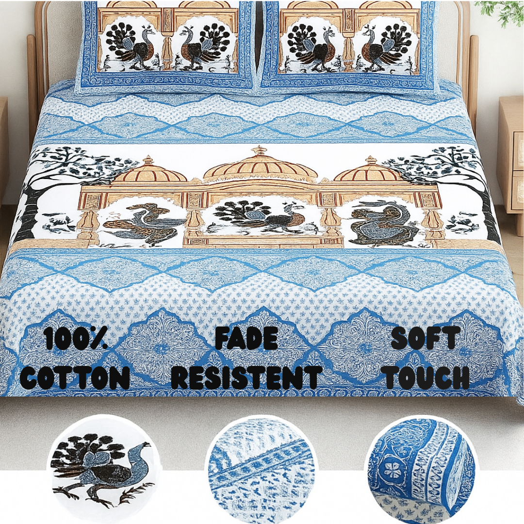 Chitrakala Palki Darbar – Blue King Size Bedsheet with Pillow Covers