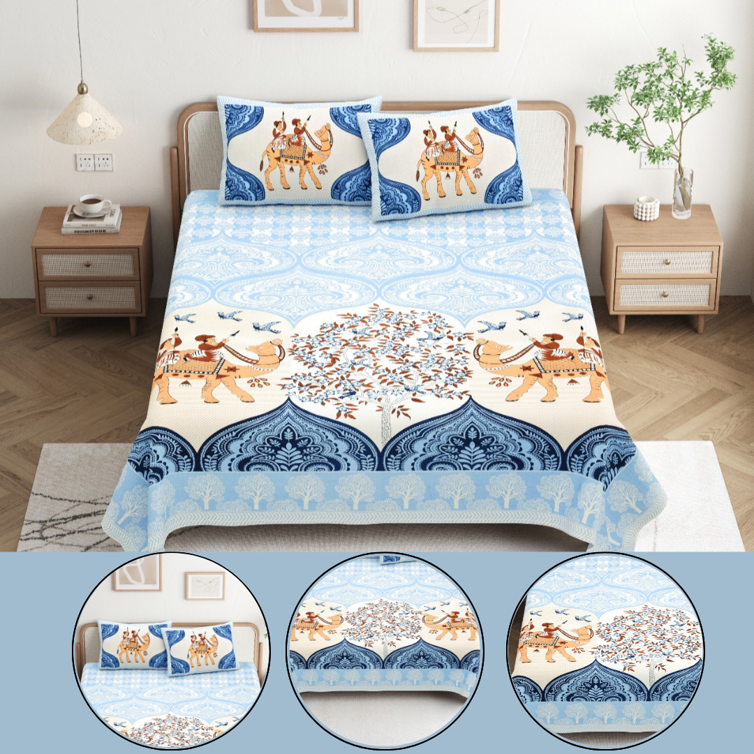 Chitrakala Camel Vistaar – Blue King Size Bedsheet with Pillow Covers