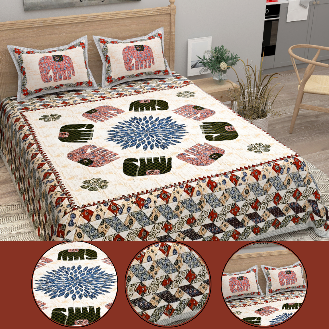 Royal Elephant Heritage Pure Cotton Super King Size Bedsheet (108x108) with 2 Pillow Covers