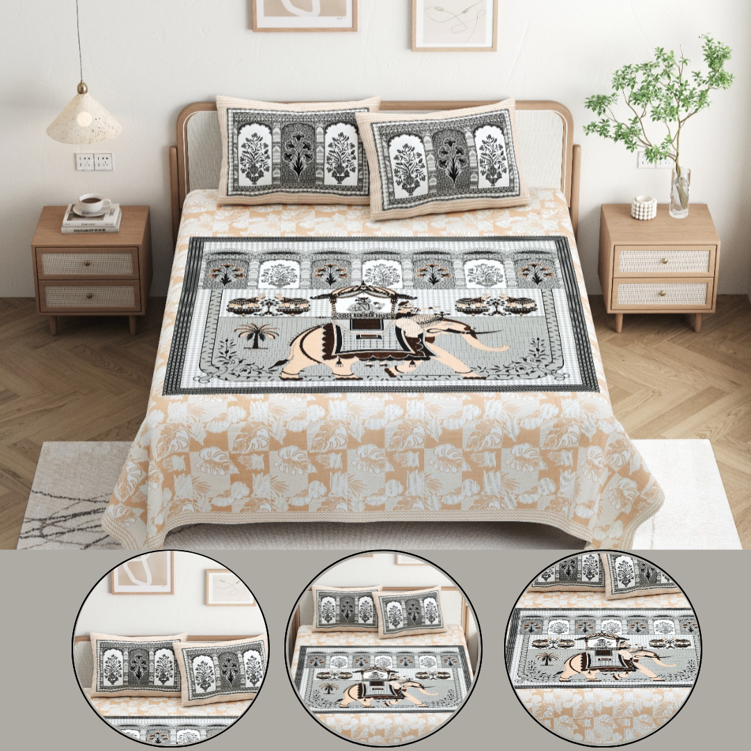 CHITRAKALA Hathi Maharaja – Golden King Size Bedsheet with Pillow Covers